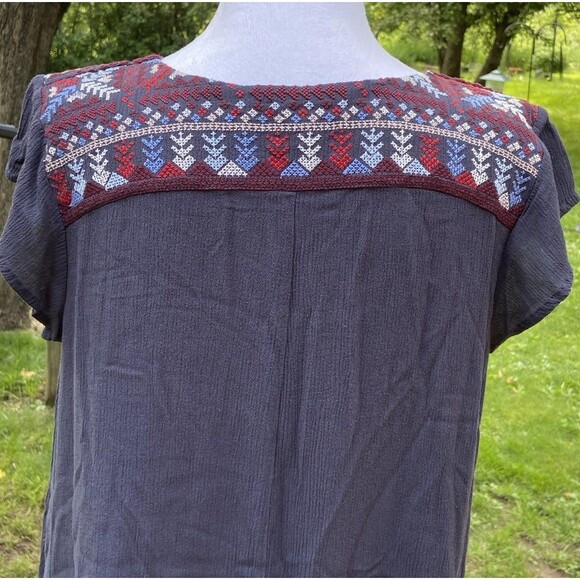 Boho Navy Blue Dress Embroidered Boho Sz Medium Peasant Hippie Short Sleeve Midi - Picture 4 of 16